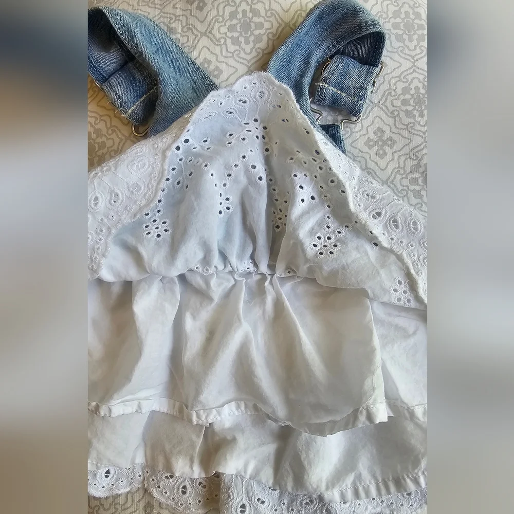 OshKosh B'gosh Blue and White Eyelet Overall Dress 3M